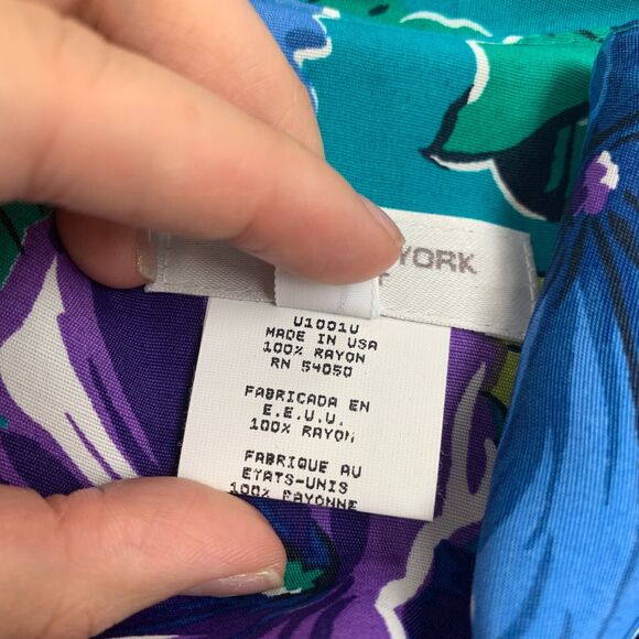 Jones New York Hawaiian Shirt Womens 12 Teal Floral Rayon Short Sleeve Button Up - Picture 10 of 13